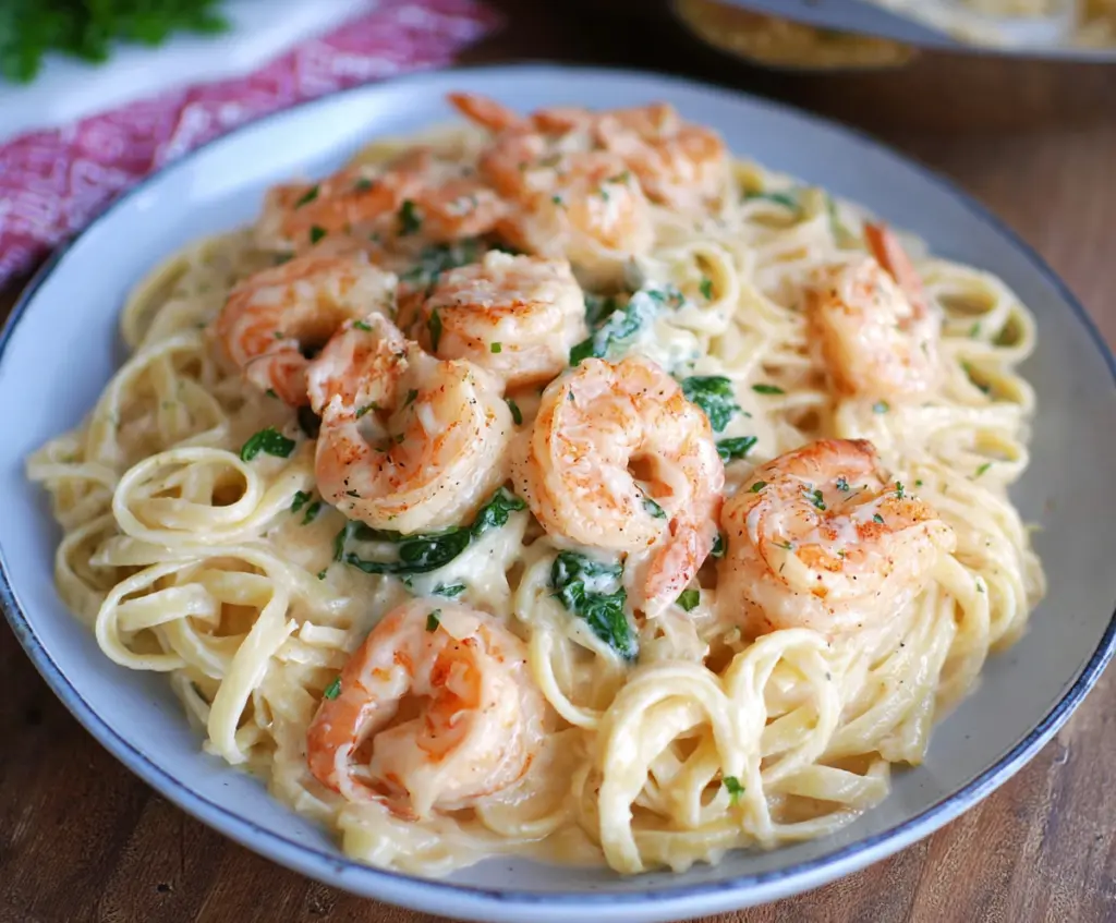 Creamy garlic Parmesan shrimp pasta served on a white plate with fresh herbs