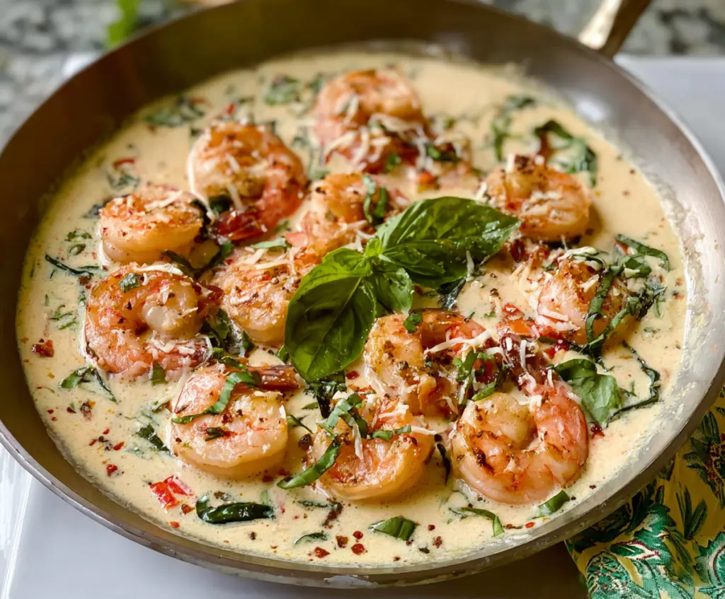 Creamy Parmesan Basil Shrimp served on a plate with fresh herbs and lemon wedge