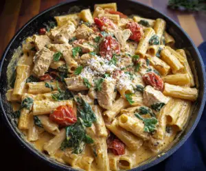Creamy Tuscan Chicken Pasta served with fresh herbs and cherry tomatoes on a white plate.