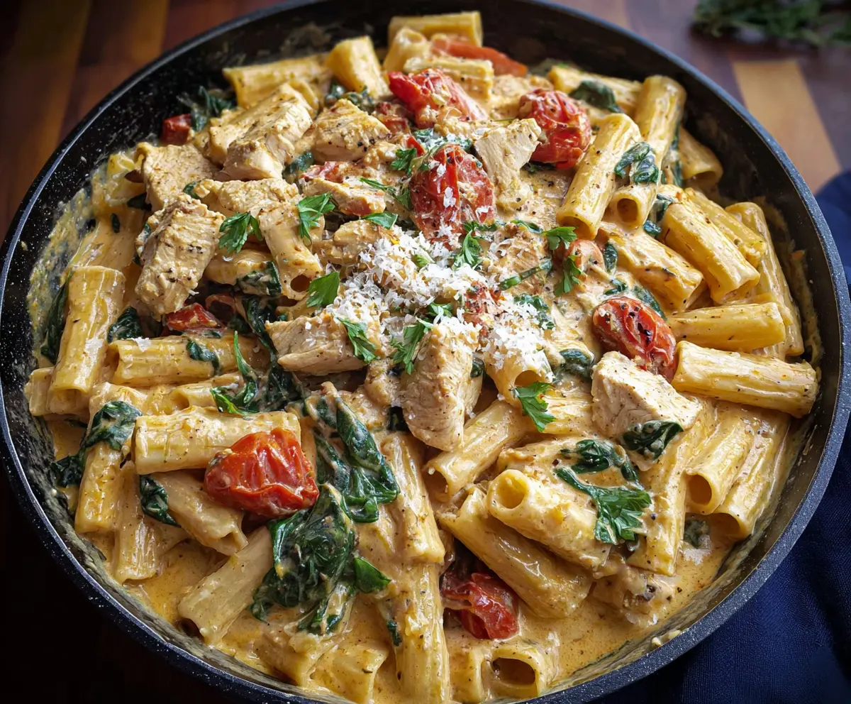 Creamy Tuscan Chicken Pasta served with fresh herbs and cherry tomatoes on a white plate.