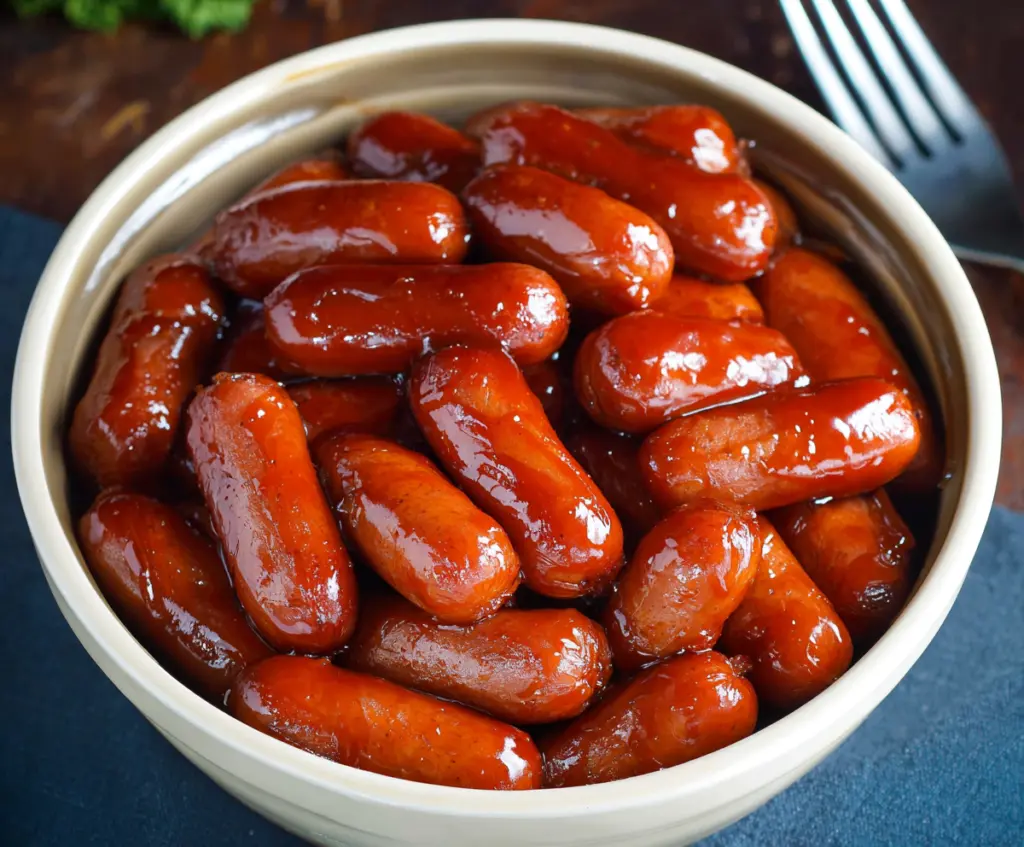 Delicious Crock Pot Little Smokies appetizer with smoky sausage bites in a slow cooker.