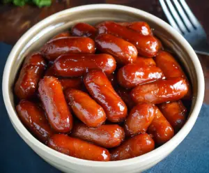 Delicious Crock Pot Little Smokies appetizer with smoky sausage bites in a slow cooker.