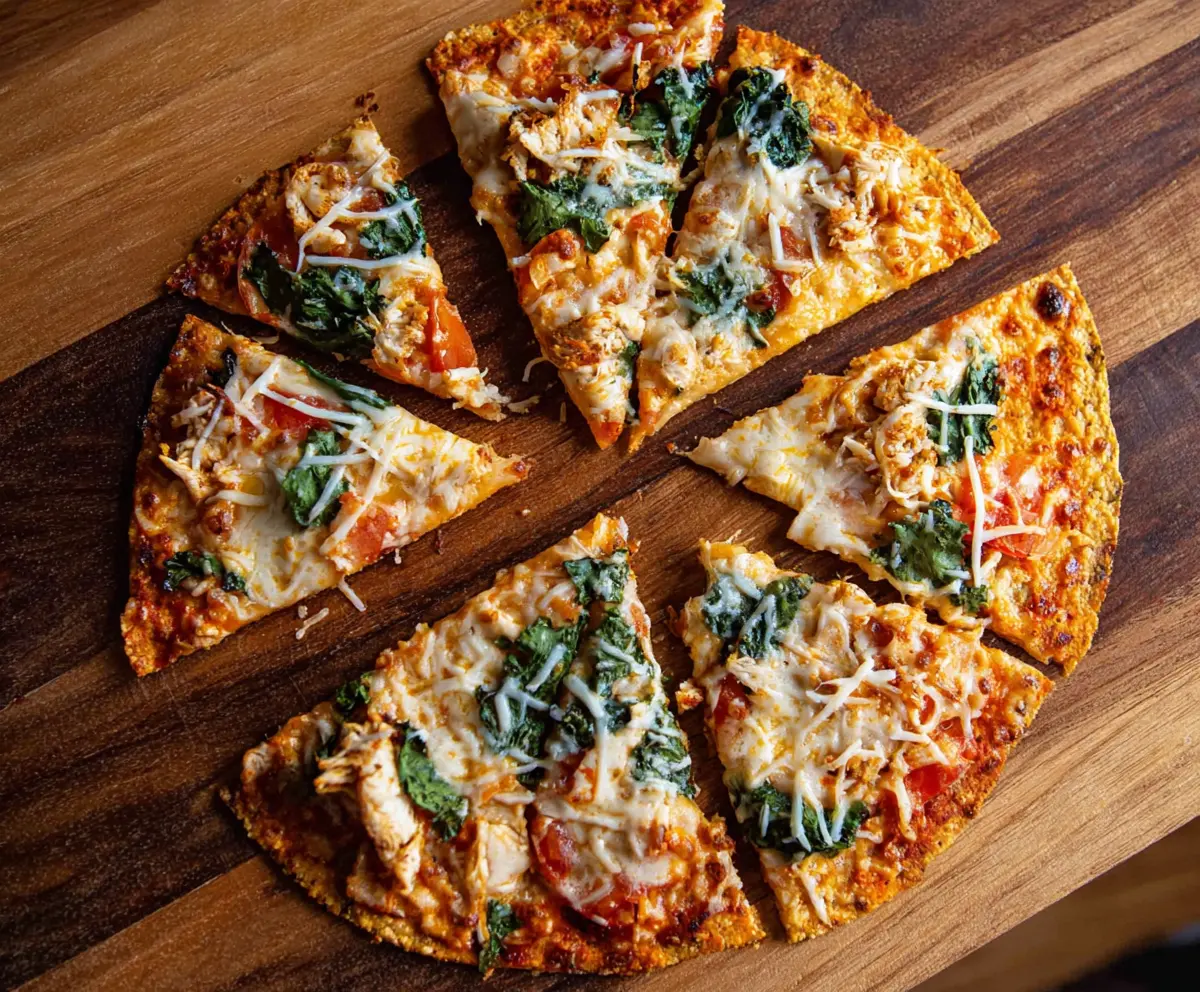 Delicious crunchy tortilla pizza topped with cheese and vegetables, served hot.