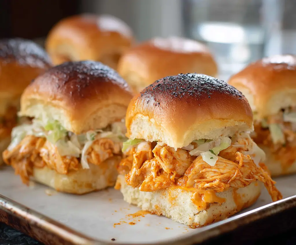 Delicious Fiery Buffalo Chicken Sliders Bake served on a platter with fresh vegetables
