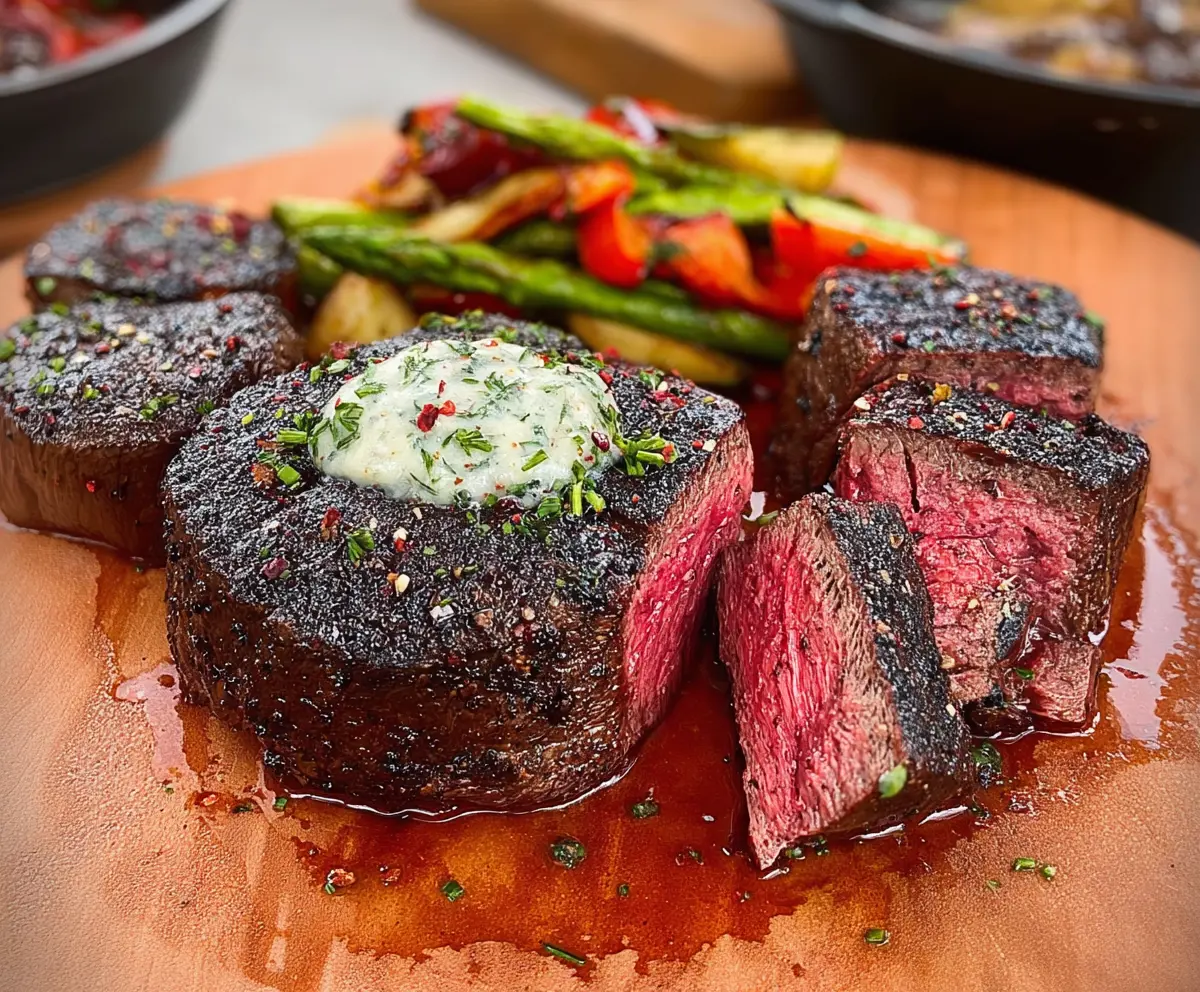 Juicy filet mignon cooked to perfection on a plate with sides.