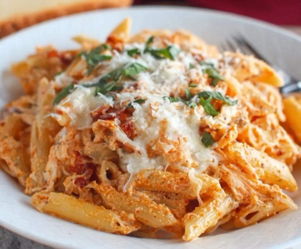 Creamy four cheese pasta dish with melted cheese and fresh herbs