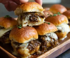 Delicious French Onion Beef Sliders topped with melted cheese and caramelized onions on slider buns.