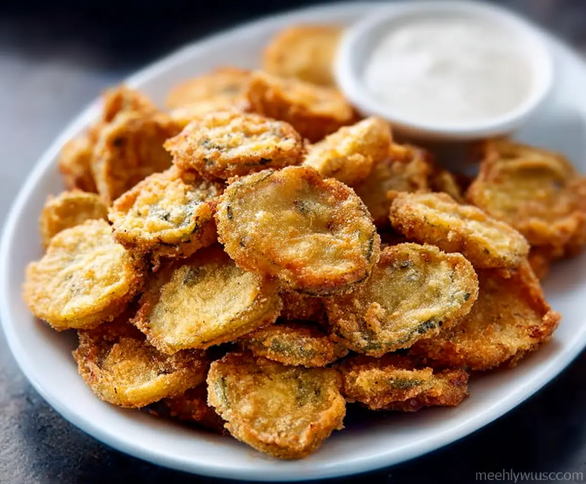 Crispy fried pickles served with dipping sauce on a plate