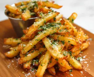 Crispy garlic and Parmesan fries topped with fresh herbs on a serving plate.