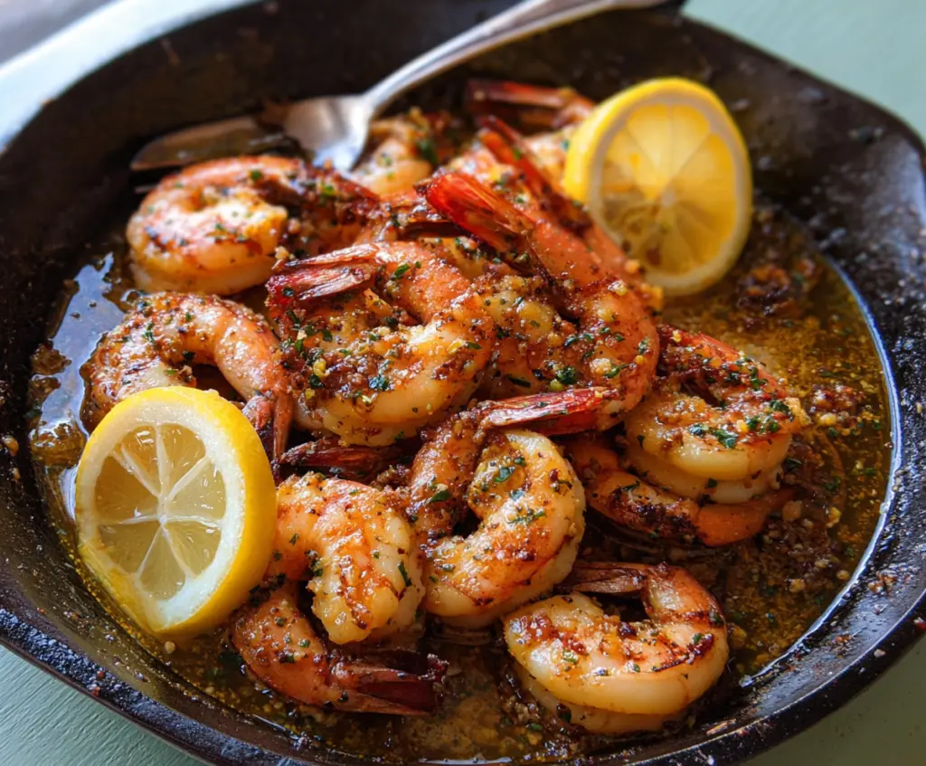 Delicious garlic butter lemon shrimp dish garnished with fresh herbs, perfect for seafood lovers.