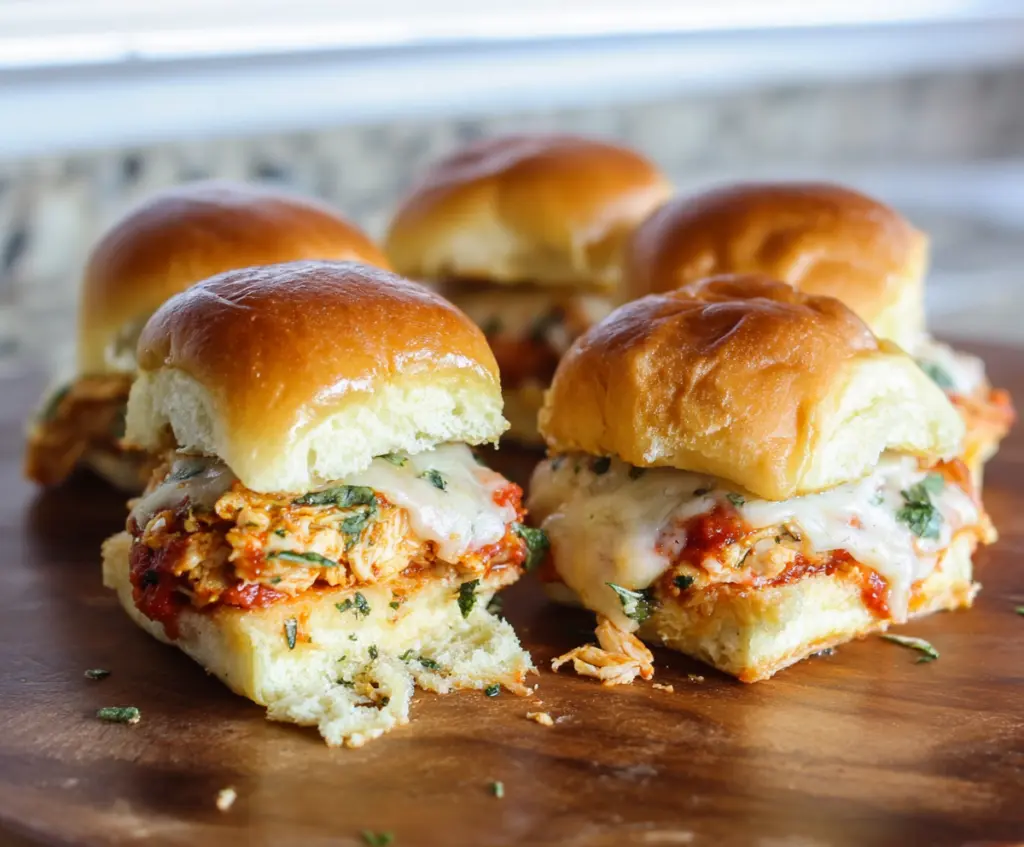 Delicious Garlic Chicken Parmesan Sliders with melted cheese and fresh herbs on a serving platter.