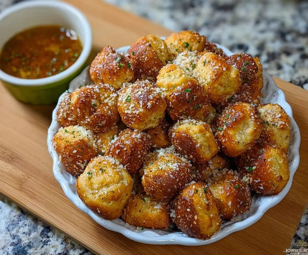 Golden garlic Parmesan pretzel bites on a white plate, garnished with herbs