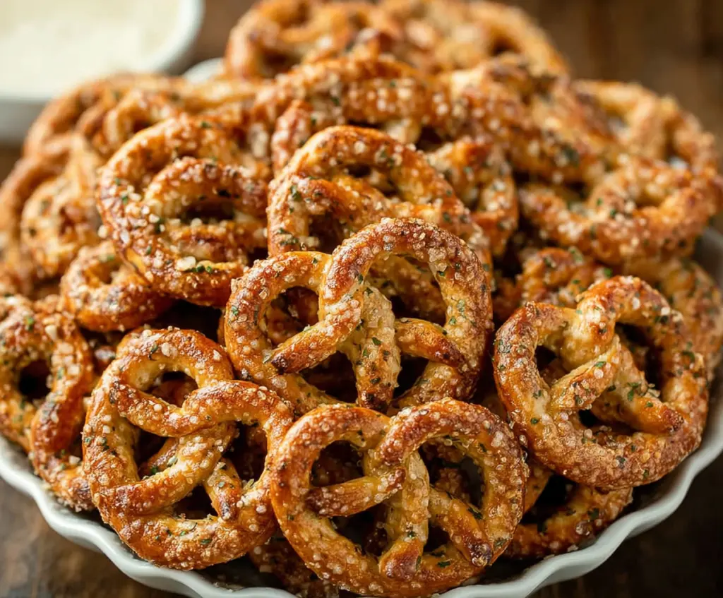 Crispy garlic ranch pretzels served in a bowl, perfect for snacking