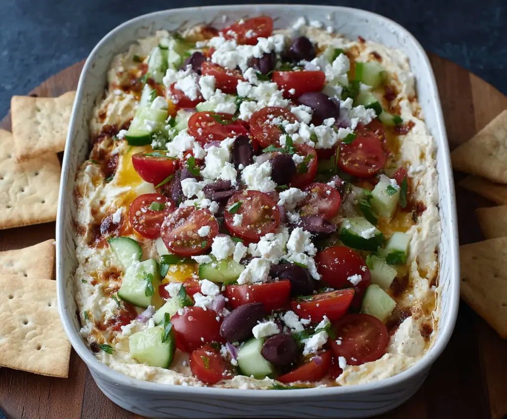 Delicious Greek Layer Dip with creamy feta, fresh vegetables, and herbs in a clear bowl.