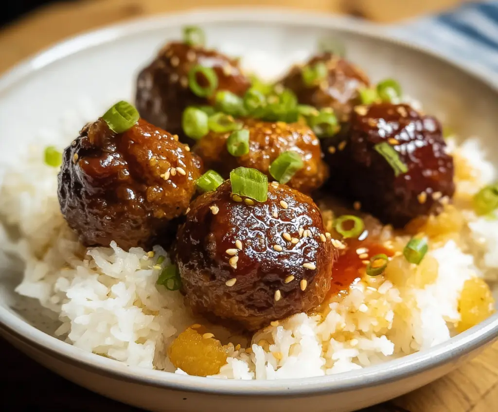 Delicious Hawaiian Meatballs served with pineapple and fresh herbs.
