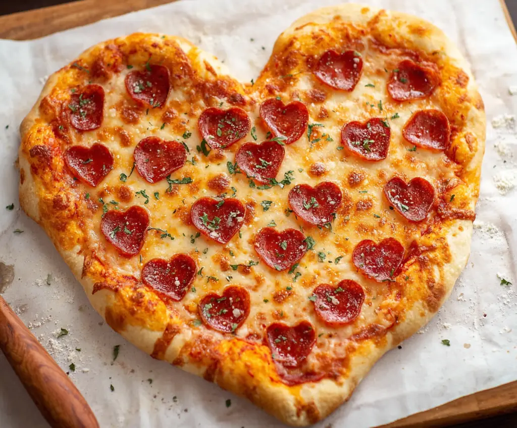 Delicious heart-shaped pizza topped with fresh ingredients for a romantic meal