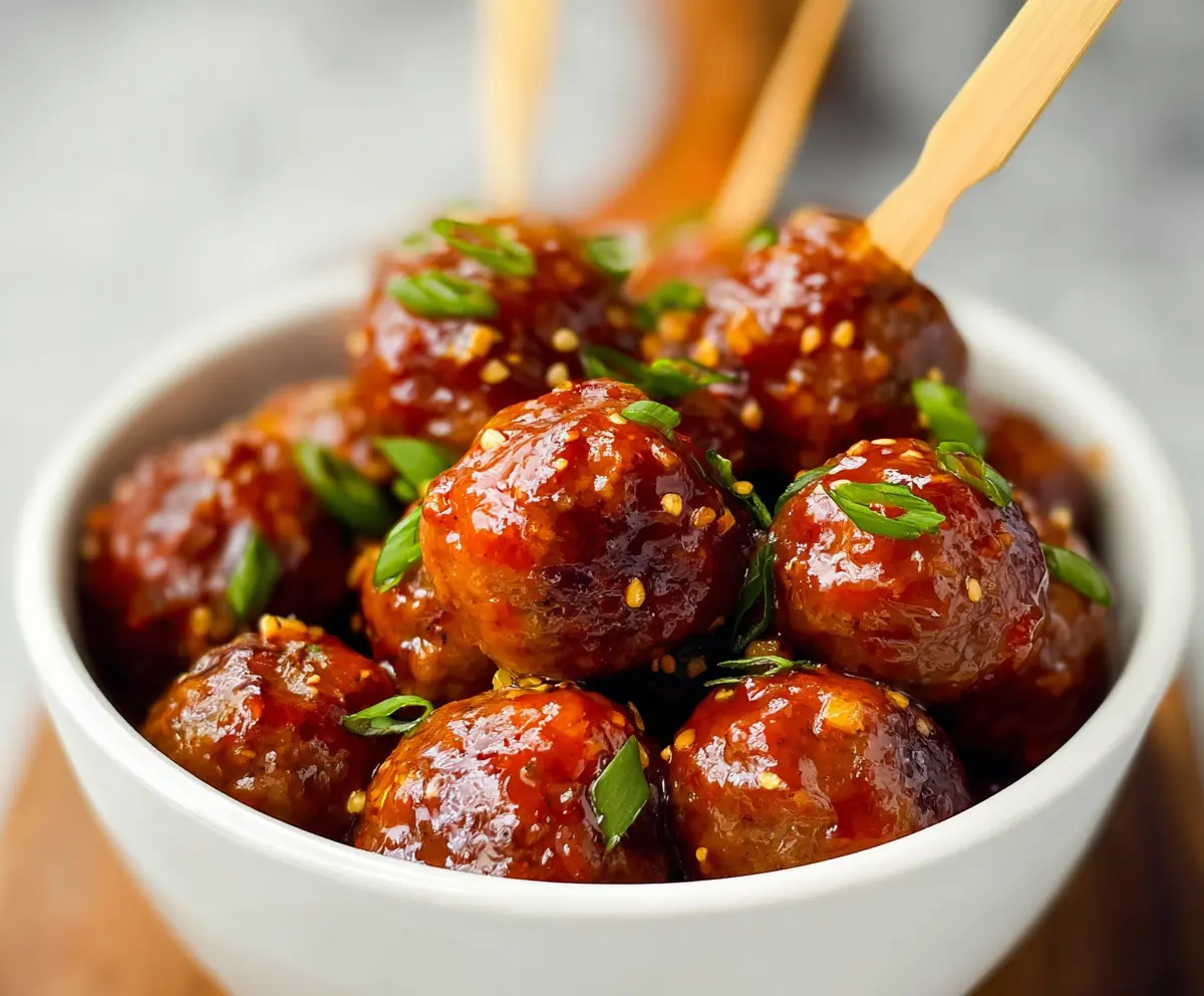 Delicious honey sriracha meatballs served on a white plate with a side of fresh vegetables.