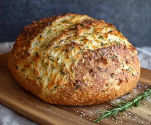 Golden crust Italian herb and cheese sourdough bread with herbs and melted cheese.