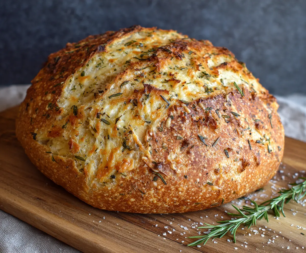 Golden crust Italian herb and cheese sourdough bread with herbs and melted cheese.