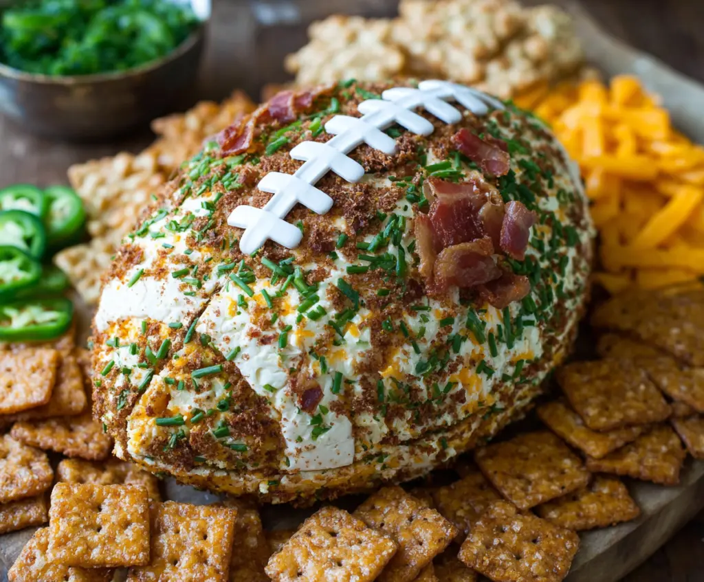 Delicious Jalapeño Popper Football Cheese Ball with spicy jalapeños and creamy cheese, perfect for parties