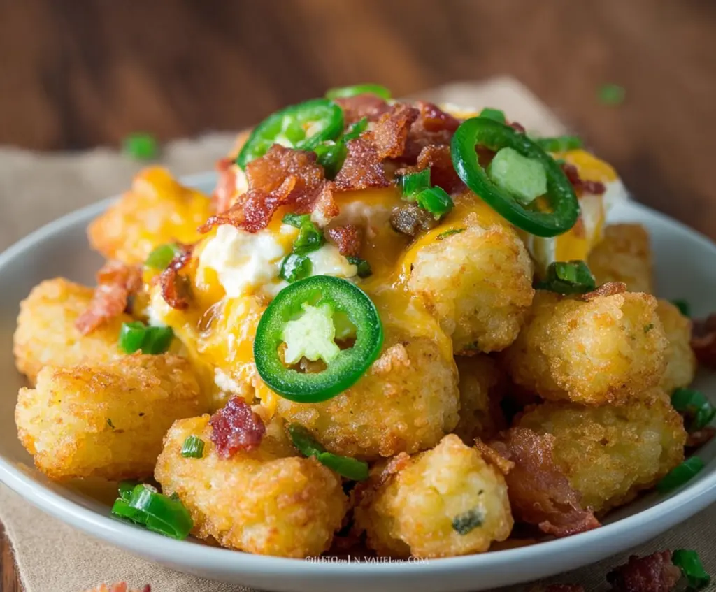 Crispy jalapeno popper tater tots topped with melted cheese and fresh jalapenos, served on a white plate.