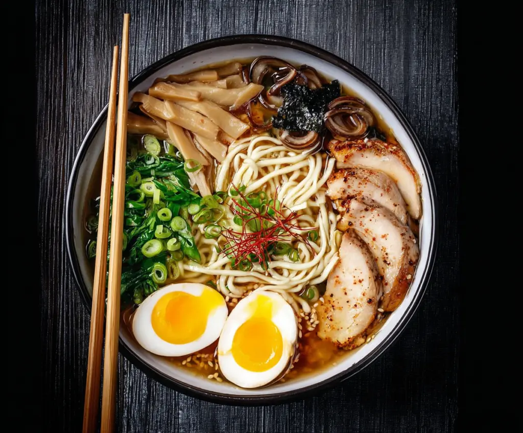 Delicious steaming Japanese ramen noodles with rich broth and toppings.