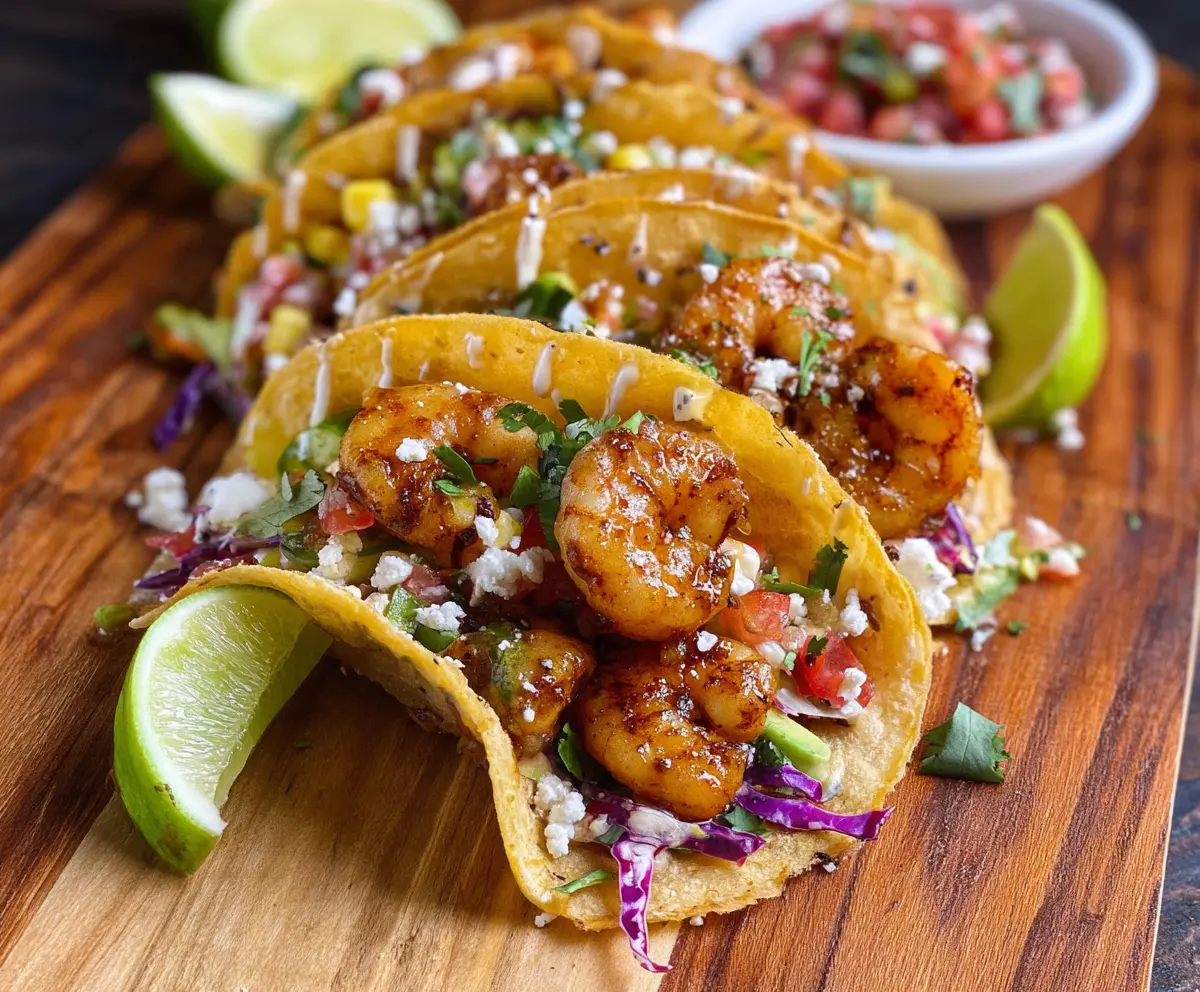 Delicious jerk shrimp tacos topped with fresh vegetables and herbs, served on warm corn tortillas.