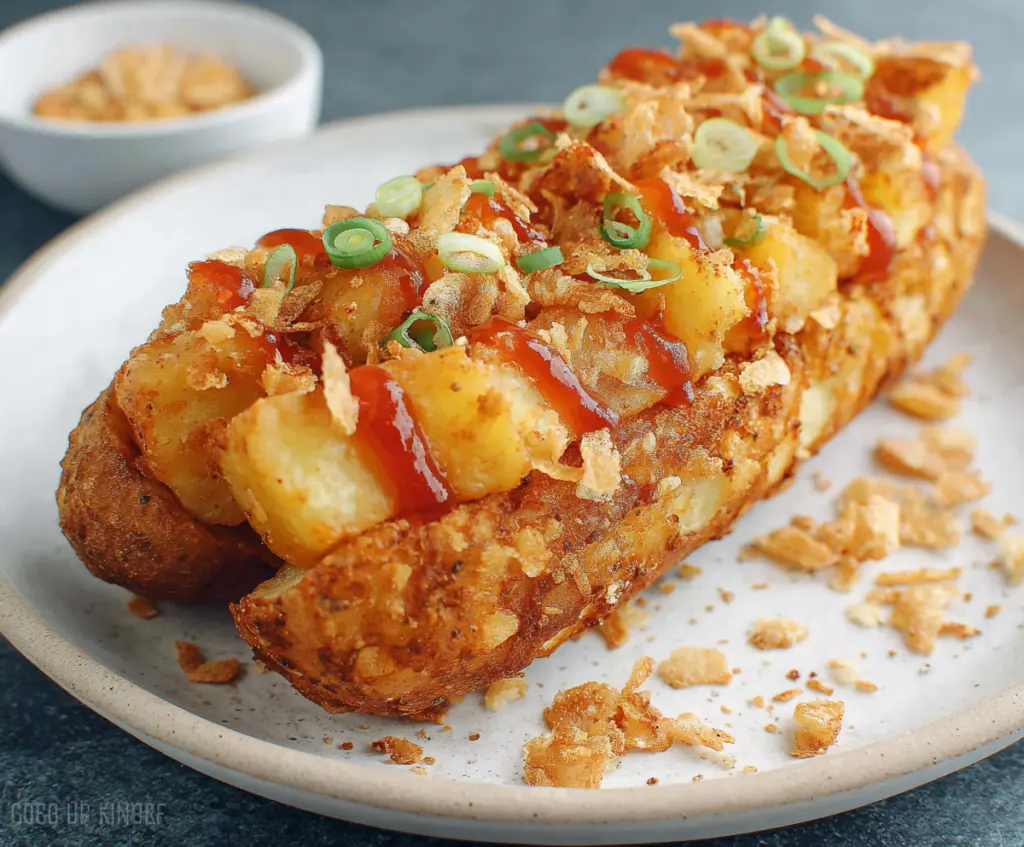 Delicious Korean Potato Hot Dog topped with crispy crunch and melted cheese, served on a wooden plate.