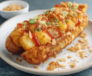 Delicious Korean Potato Hot Dog topped with crispy crunch and melted cheese, served on a wooden plate.