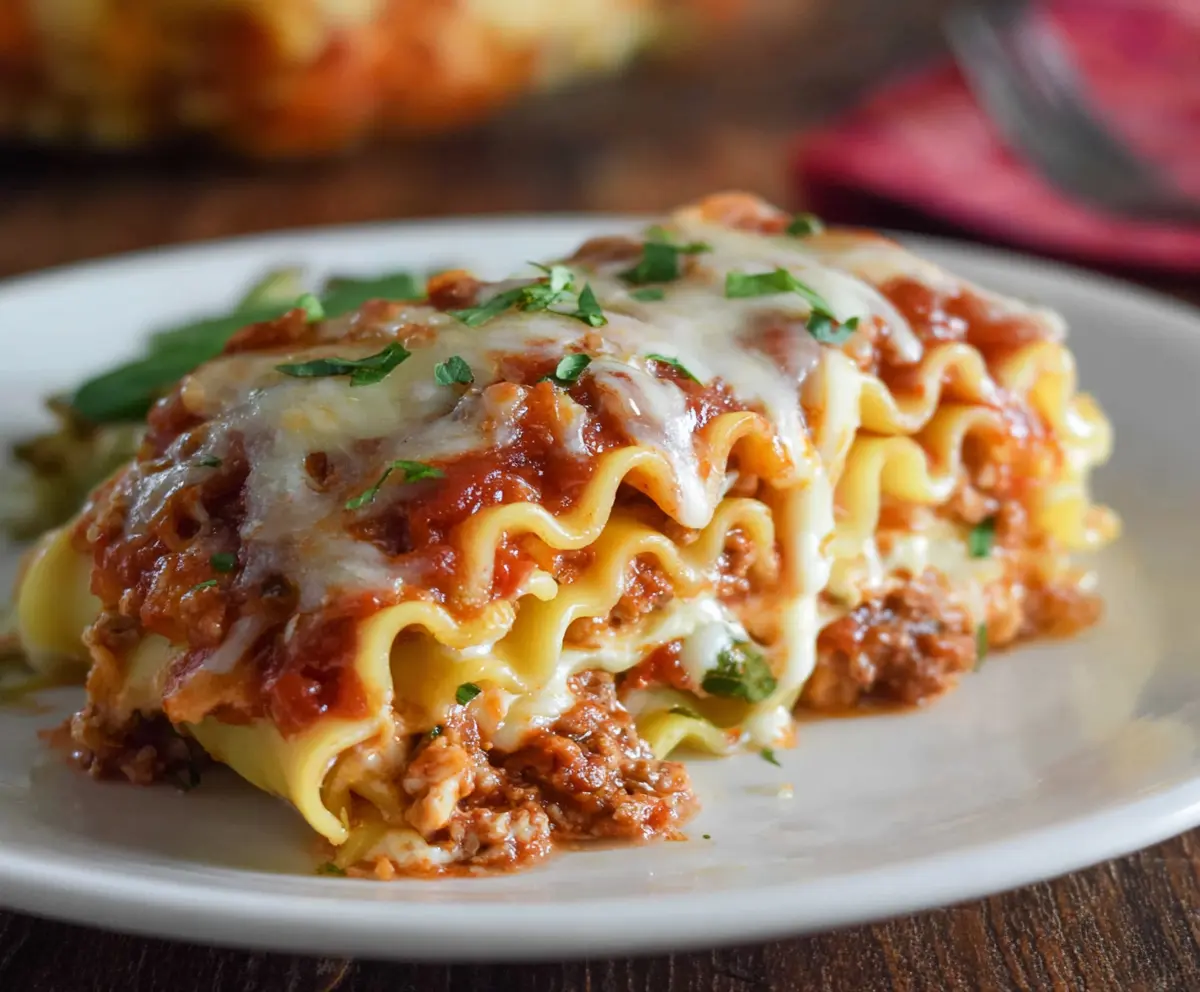 Delicious homemade Lasagna Roll Ups with layers of cheese and savory meat sauce on a ceramic plate.