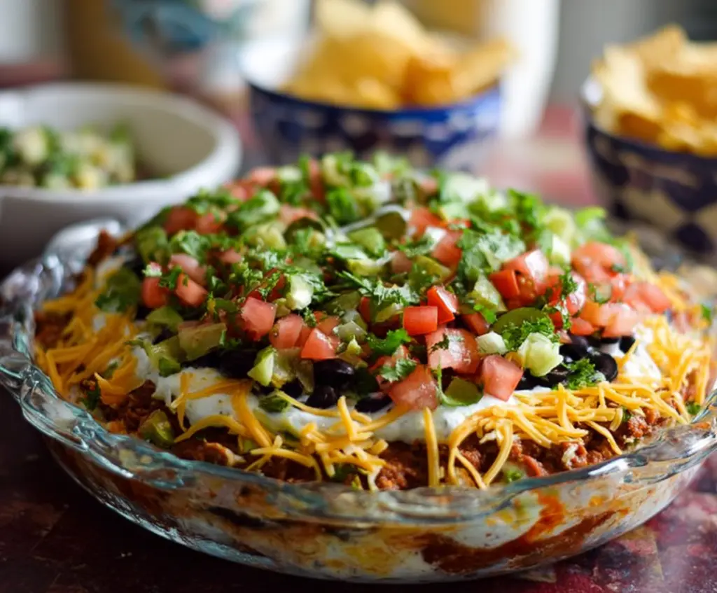 Delicious layered Tex-Mex dip with colorful ingredients including cheese, salsa, and guacamole served in a glass dish.