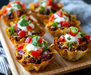 Delicious mini taco cups filled with seasoned meat, cheese, and fresh toppings, perfect for appetizers.