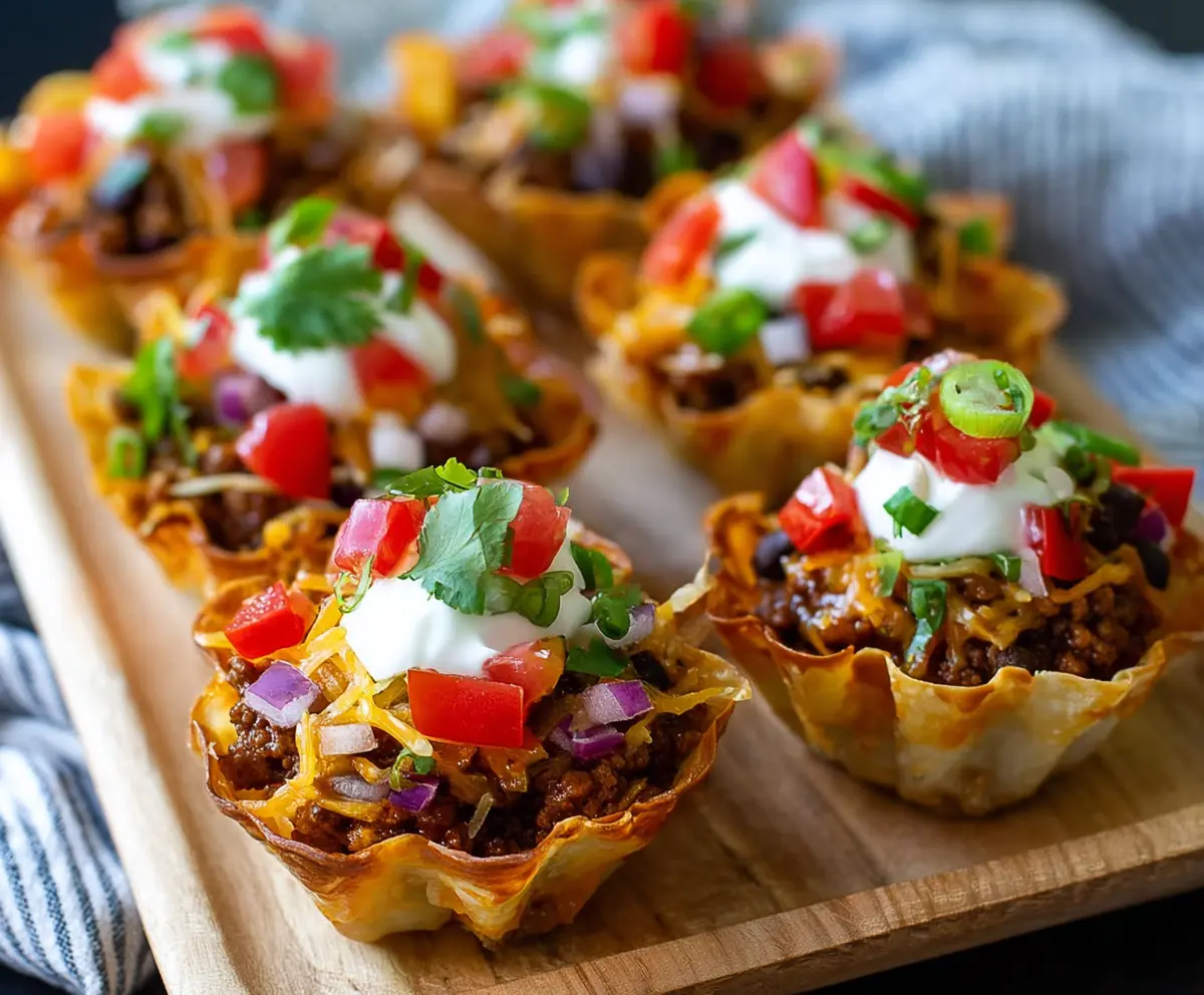 Delicious mini taco cups filled with seasoned meat, cheese, and fresh toppings, perfect for appetizers.