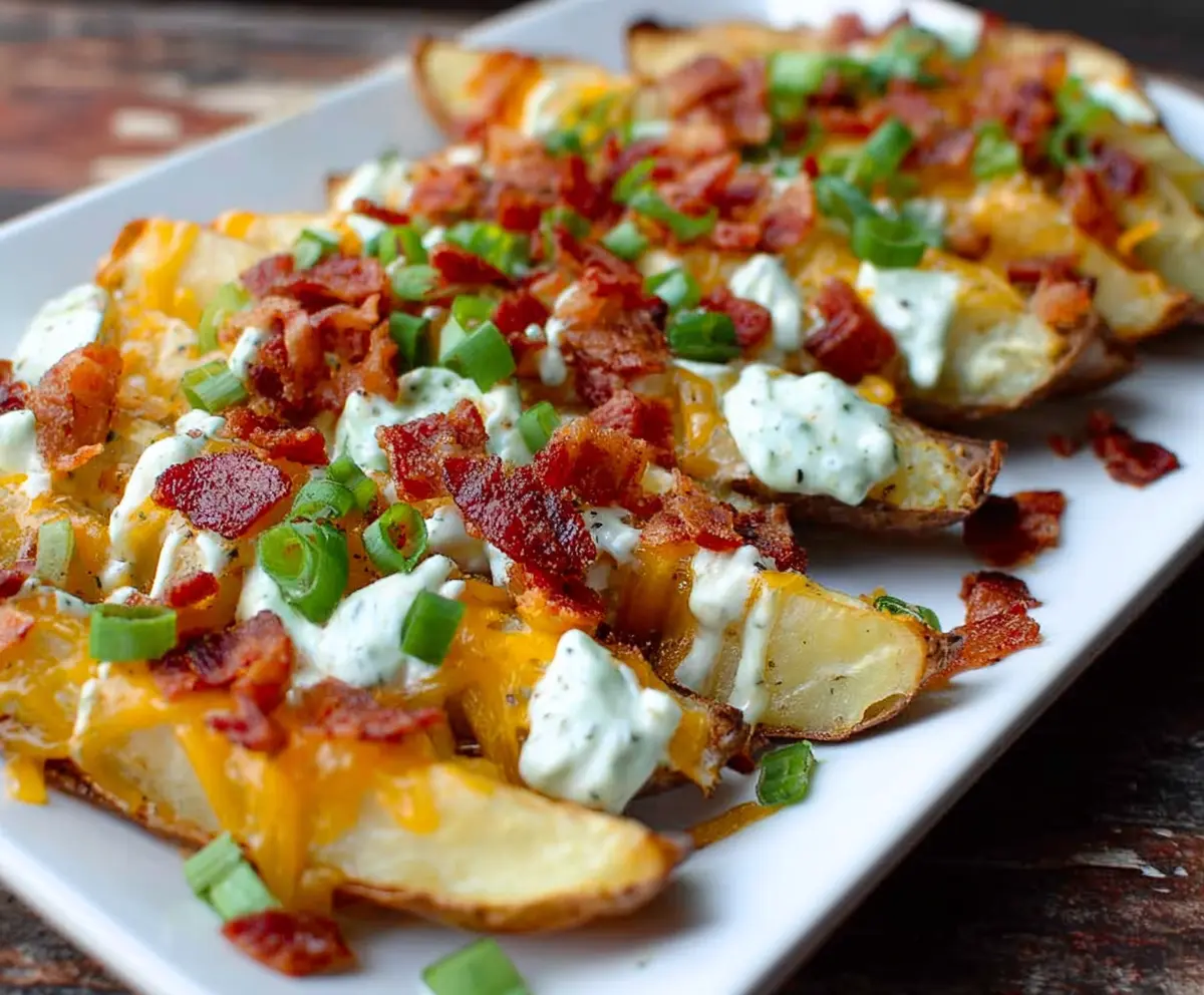 Delicious loaded baked potato wedges topped with cheese, bacon, and green onions ready to serve.
