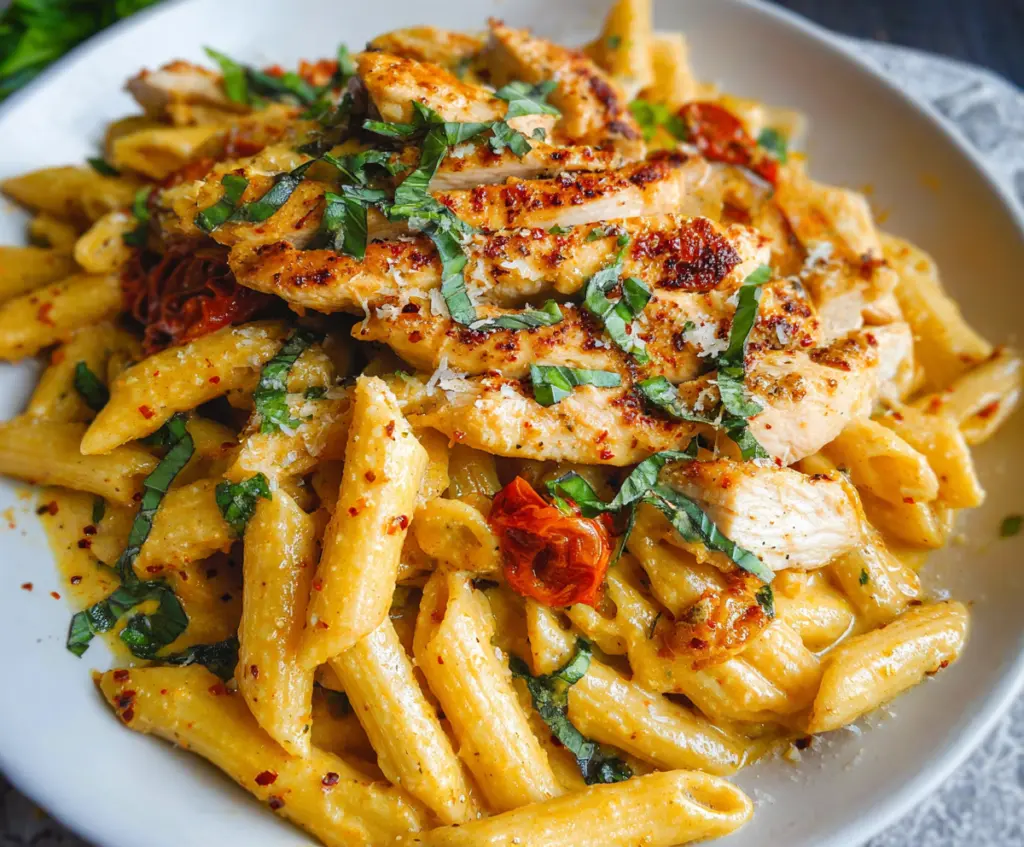 Delicious Marry Me Chicken Pasta with creamy sauce and fresh herbs served on a plate.