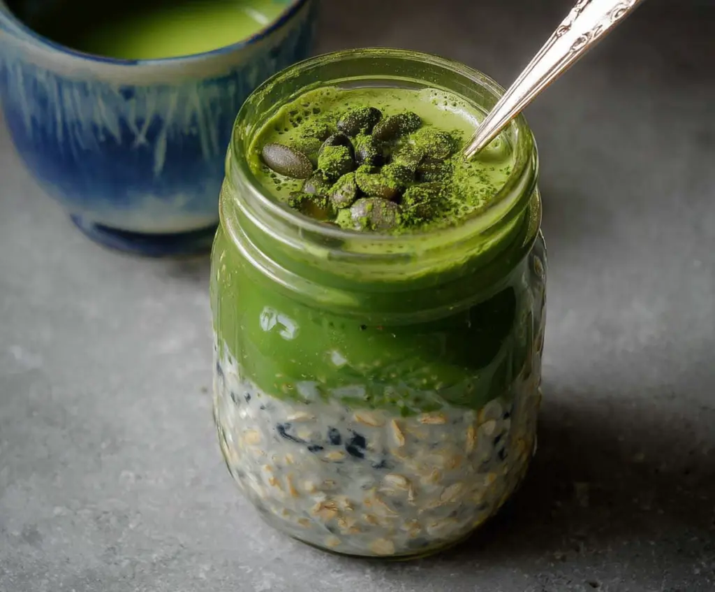 Creamy Matcha Latte Overnight Oats in a glass jar topped with fresh green matcha powder.