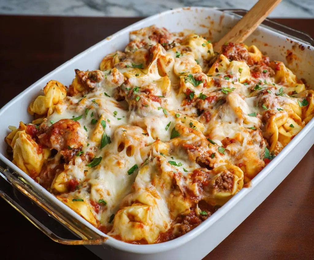 Delicious Million Dollar Tortellini Casserole topped with melted cheese and fresh herbs.