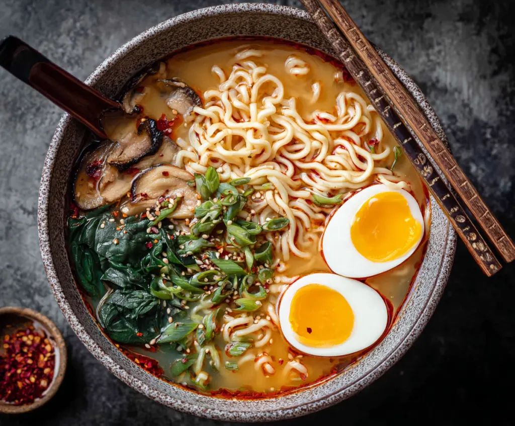 Delicious steaming bowl of Miso Ramen Noodles with fresh toppings and savory broth