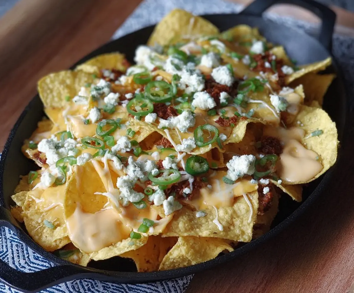 Delicious Ohio Nachos topped with melted cheese, jalapenos, and fresh ingredients.