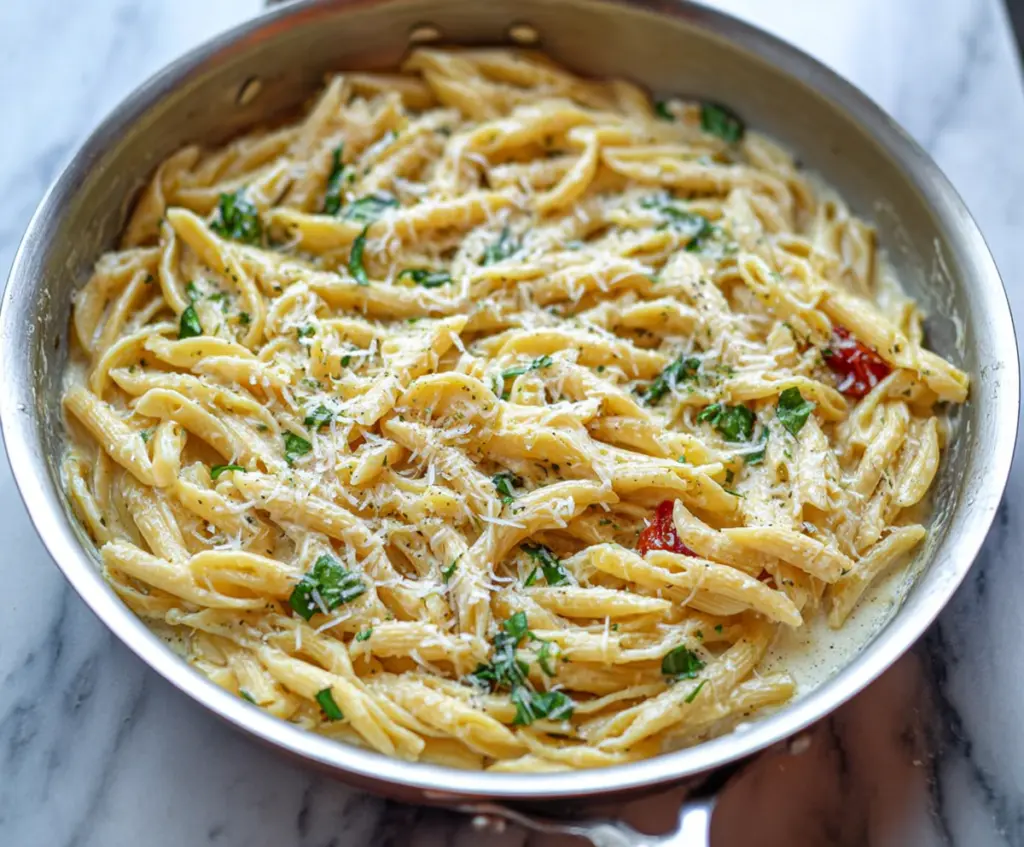 Delicious one pan garlic Parmesan pasta served on a rustic plate with fresh herbs