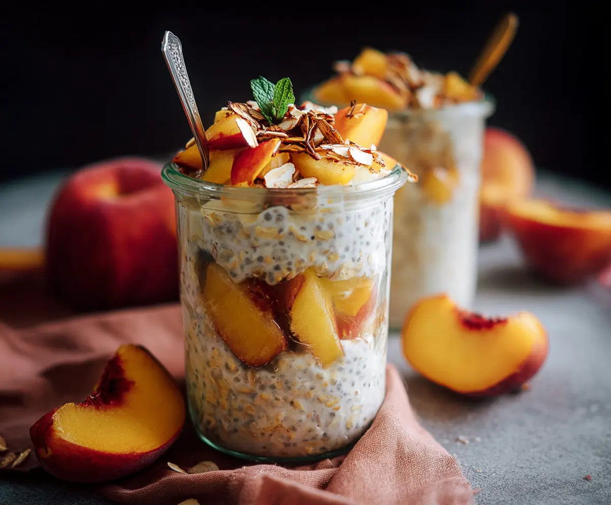 Creamy overnight oats topped with fresh sliced peaches and a drizzle of cream for a delicious breakfast.