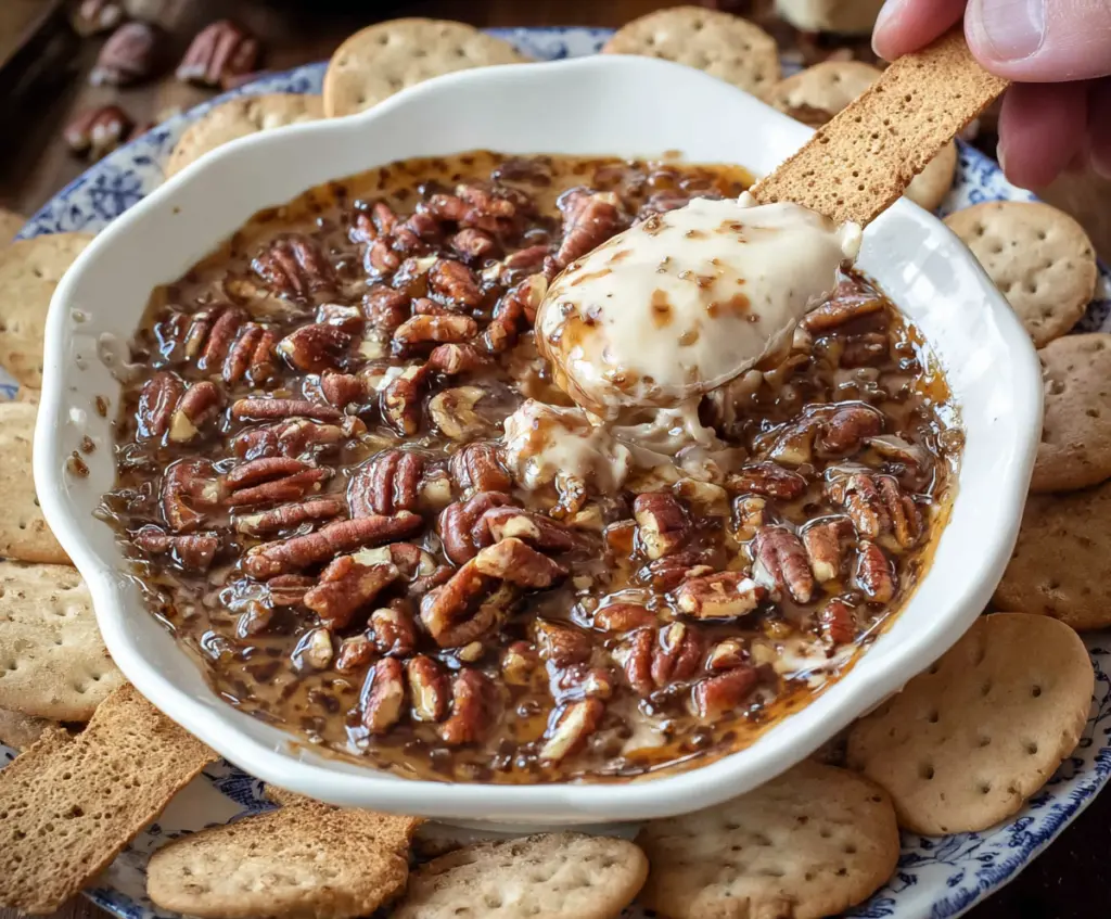 Creamy Pecan Pie Dip garnished with chopped pecans and a drizzle of caramel, perfect for dessert or snack time.