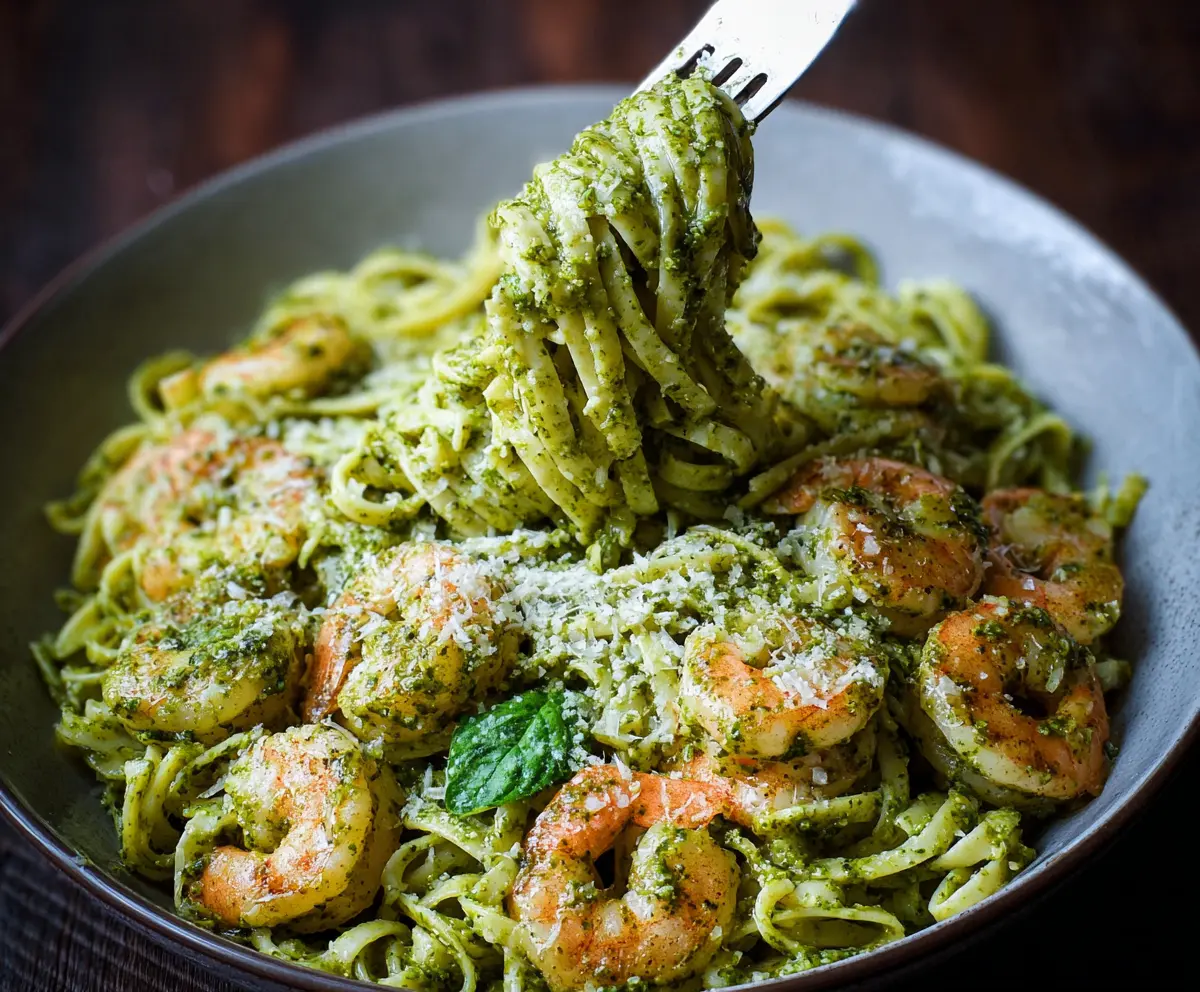 Delicious pesto shrimp pasta dish with cherry tomatoes and fresh basil.