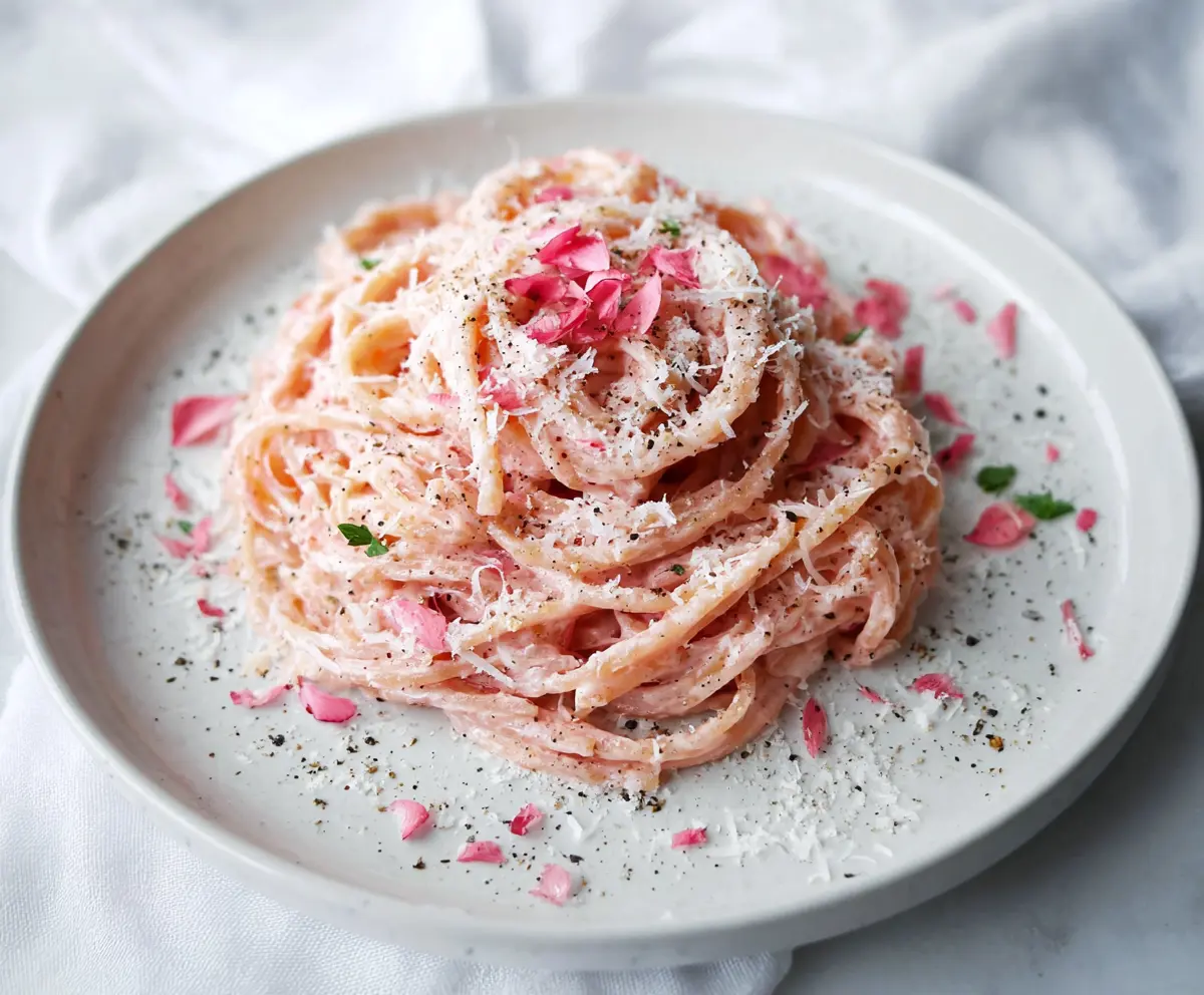 Creamy Pink Cacio E Pepe pasta with a vibrant pink sauce and grated cheese on top.