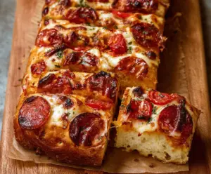 Delicious homemade pizza bread topped with melted cheese and fresh herbs.