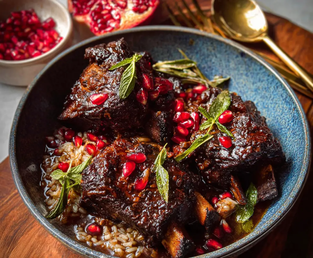 Delicious pomegranate braised short ribs served with fresh herbs on a rustic plate.