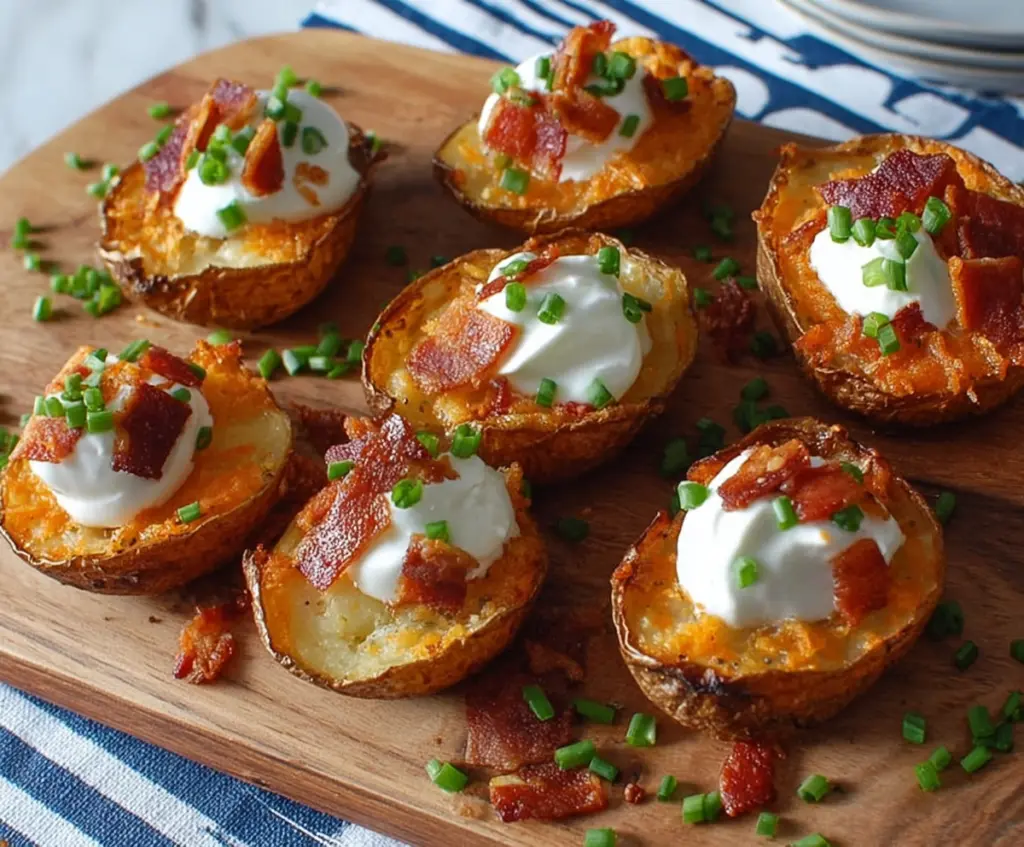Crispy potato skin bites loaded with cheese and bacon, served as a savory appetizer.
