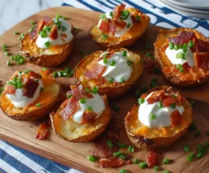 Crispy potato skin bites loaded with cheese and bacon, served as a savory appetizer.