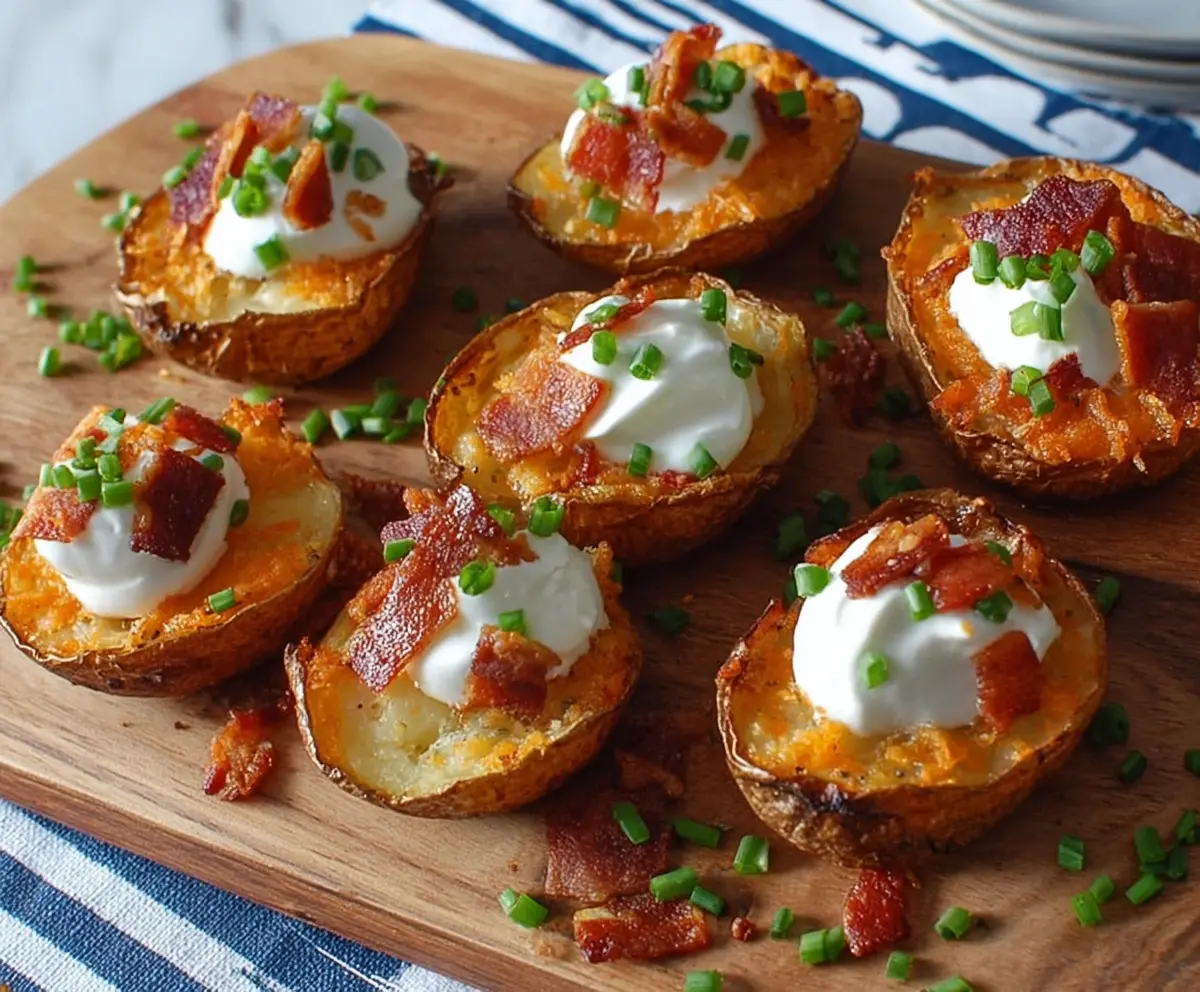 Crispy potato skin bites loaded with cheese and bacon, served as a savory appetizer.
