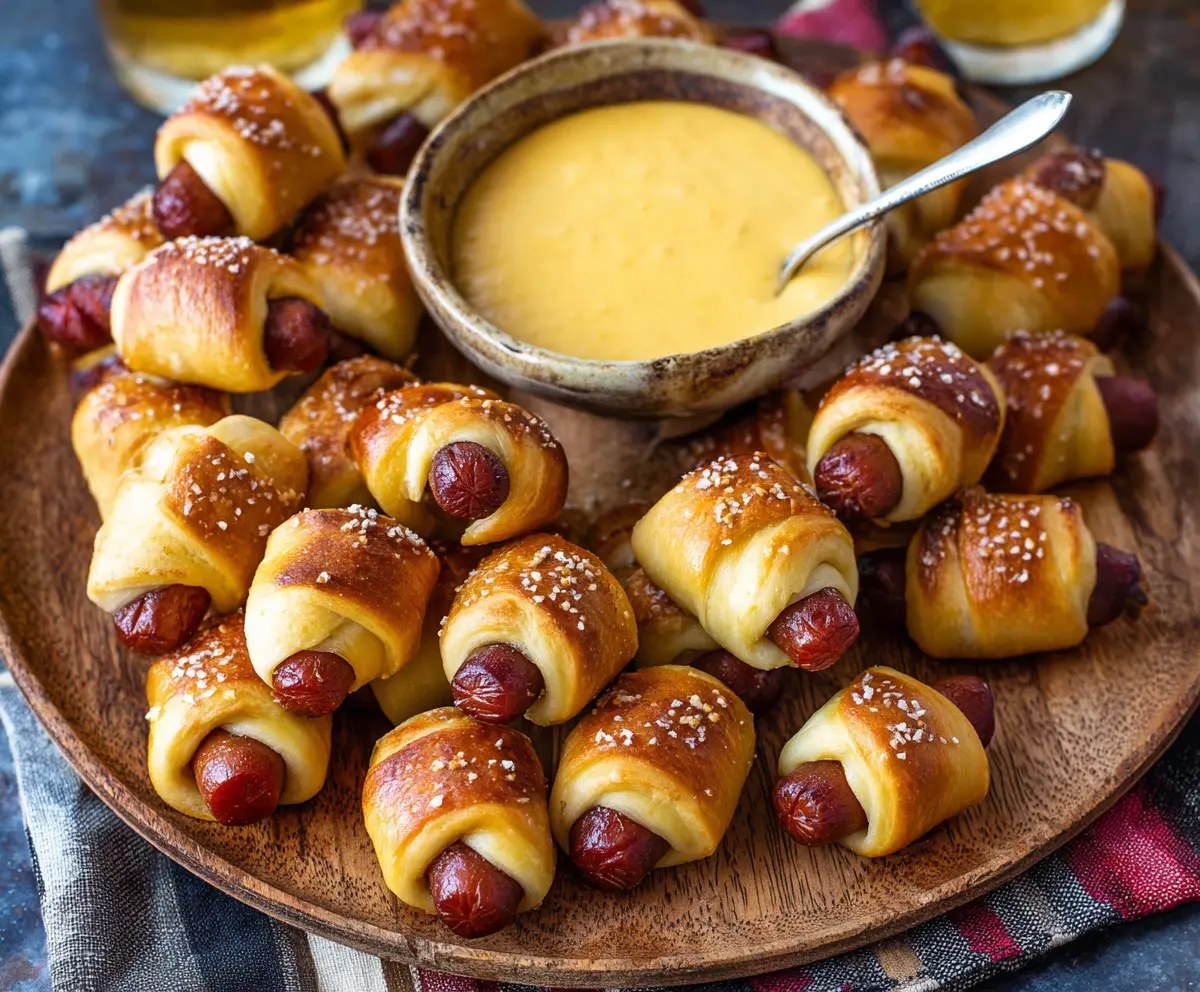 Delicious pretzel pigs in a blanket served with creamy beer cheese dip, perfect for snacks and parties.